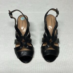 Antonio Melani Karissa Black strappy cage croc embossed open toe heels sz 6.5